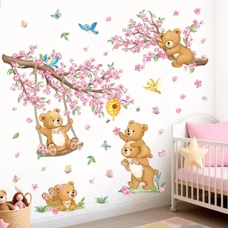 wondever Wandtattoo Bär Kirschblüte Blumen Wandsticker Waldtiere Baum Zweig | Abziehen und Aufkleben, Abziehbar, Wandaufkleber Selbstklebend für Kinderzimmer Mädchen Babyzimmer Mädchenzimmer Wanddeko