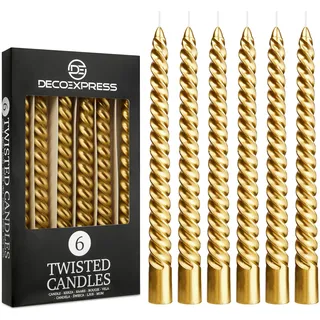 DECO EXPRESS Stabkerzen Set 3er oder 6er Tropffreie Stabkerzen Gedrehte Spiralkerzen Bunte Kerzen Brenndauer 6 Stunden Unparfümiert (Gold, 6er-Pack)