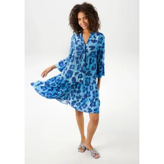 Tunikakleid ANISTON CASUAL, Damen, Gr. 42, N-Gr, blau (türkis, marine, blau), Web, Obermaterial: 100% Viskose, bedruckt, geblümt, lässig geschnitten kniefrei, V-Ausschnitt, Volant, Kleider Tunikakleid, mit farbenfrohen, graphischen Blüten bedruckt, Topseller