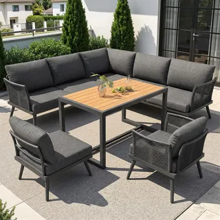 Flieks Gartenmöbel-Sets 6-tlg., Gartensofa mit Ecksofa, Stuhl und Tisch, Gartenlounge-Set Loungemöbel für 7 Personen, Gartengarnitur Sofagarnitur Grau - Grau