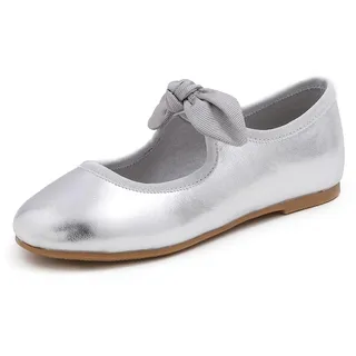 Feversole Girls Cute Dress, Mädchen süßes Kleid Mary Jane Schuhe weiche Party Urlaub Ballerinas Runde Spitze Stretchy,Synthetik elastisch flach Niedliche Schleife Silber Größe 34 EU