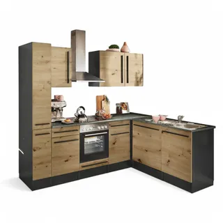 Stella Trading Jazz 8 Moderne Eckküche mit Elektrogeräten in Anthrazit, Artisan Eiche Optik - Geräumige Küchenzeile in L-Form mit viel Stauraum - 250 x 211 x 60 cm (B/H/T)