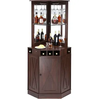 Industrieller Eck-Barschrank - Weintisch für Spirituosen und Gläser - Sideboard-Buffetschrank mit Glashalter - Freistehender Kaffee-Barschrank - Bauernholz - Wohnzimmer - Hausbar - Walnussholz