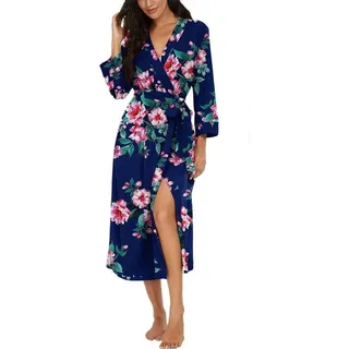 V-hals gebreide badjas 3/4 mouw kimono nachtkleding lange saunajas marineblauw