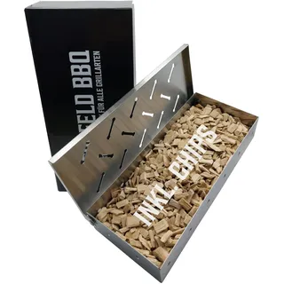 Bergfeld BBQ – Räucherbox inkl. Räucherchips für alle Grillarten – Smokerbox aus robustem Edelstahl zum Grillen – BBQ-Aroma für Fleisch, Fisch & Gemüse (Größe: 22 x 9,5 x 4 cm)