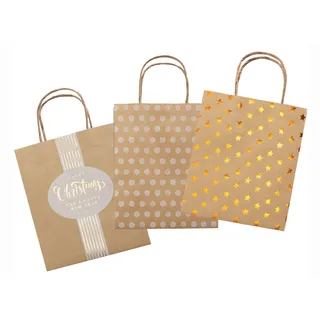 folia 21223 - Papiertüten X-mas aus braunem Kraftpapier, Geschenktüten teilweise mit Heißfolienprägung, 3 Stück, ca. 12 x 5,5 x 15 cm, sortiert in 3 Motiven - zum Basteln, Verzieren und Verschenken