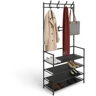 Relaxdays Garderobenständer, 4 Schuhablagen, 8 Doppelhaken, Flur, freistehende Garderobe HBT 150 x 61 x 27,5 cm, schwarz